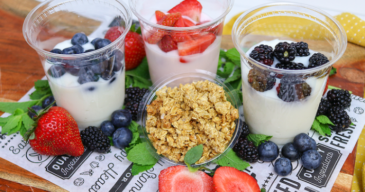 Fresh fruit and yogurt parfaits are a great gluten-free and vegetarian addition to your catered office breakfast. Health breakfast catering is a primary focus for our corporate clients.
