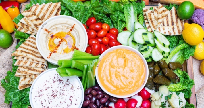 Healthy office catering Boston featuring vegetarian and vegan friendly Mezze platter. Delicious addition to afternoon meetings or catered happy hours.